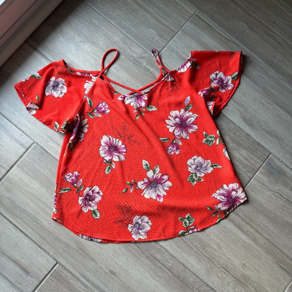 Kaileigh Red Floral Cold Shoulder Top - Women's Size Large